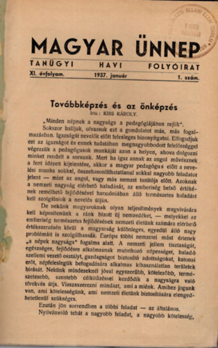 Magyar nnep - Tangyi havi folyirat XI. vfolyam 1937. janur- december,  1-10.  szm.