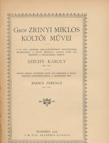 Szchy Kroly - Grf Zrinyi Mikls klti mvei