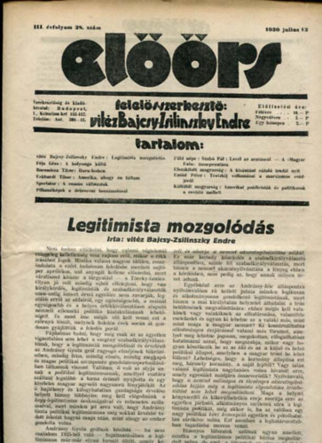 vit�z Bajcsy-Zsilinszky Endre ( felel�s szerkeszt�) - El��rs foly�irat III. �vf. 28. sz�m. 1930. julius 12.