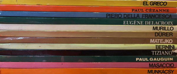 12 db kötet A művészet világa sorozat (El Greco, Paul Cézanne, Piero Della Francesca, Eugéne Delacroix, Murillo, Dürer, Matejko, Bernini, Tiziano, Paul Gauguin, Masaccio, Munkácsy)
