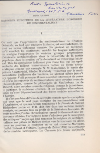 Kardos Tibor - Rapports Europ�ens de la litt�rature Hongroise du sentimentalisme. (Litt�rature Hongroise - Litt�rature Europ�enne.)