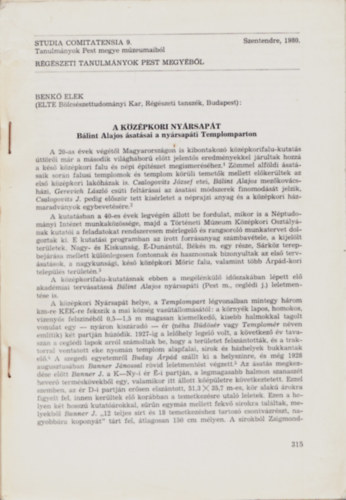 Benk Elek - A kzpkori Nyrsapt - Blint Alajos satsai a nyrapti Templomparton - Studia Comitatensia 9.