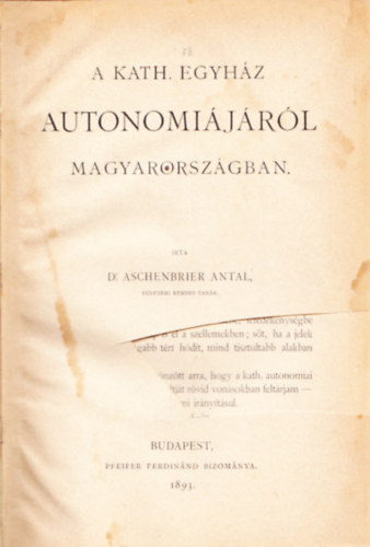 Aschenbrier Antal - A kath. egyhz autonomijrl Magyarorszgban