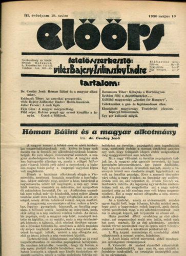 vitéz Bajcsy-Zsilinszky Endre ( felelős szerkesztő) - Előörs folyóirat III. évf. 20. szám. 1930. május 17.
