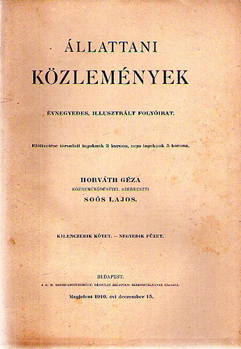 Horvth Gza  (szerk); Sos Lajos (szerk.) - llattani Kzlemnyek IX. ktet 4. fzet