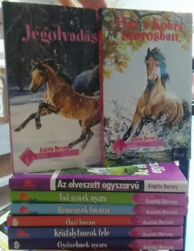 Angela Dorsey - 8 db-os KÖNYVMENTŐ AJÁNLAT, Pony Club ifjúsági lovas kalandkönyvek: Győzelmek nyara+ Kristálytáncok tele+ Őszi búcsú+ Remények tavasza+ Vad szívek nyara+ Az elveszett egyszarvú+ Jégolvadás+ Ősz a Kobra-szorosban