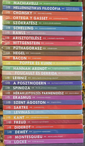 Erasmus, Szent goston, Jean-Paul Sartre, Emmanuel Levinas, Kant, Freud, Diderot, Dewey, Montesquieu, Locke Spinoza - 29 db A vilg filozfusai knyv: Machiavelli, Hellenisztikus filozfia, Chomsky, Ortega y Gasset, Szkratsz, Schelling, Rawls, Arisztotelsz, Wittgenstein, Pthagorasz, Hegel, Bacon, Popper s Kuhn, Hannah Arendt, Foucault s Derrida, Leib