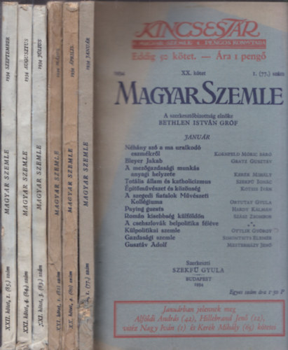 Bethlen Istvn grf - Magyar Szemle 6 db ktete: 1934/janur+prilis+mjus+jlius+augusztus+szeptember