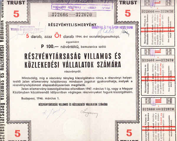 Részvénytársaság Villamos és Közlekedési Vállalatok számára - 100 pengő névértékű részvény (lila) (történelmi értékpapír, eredeti)