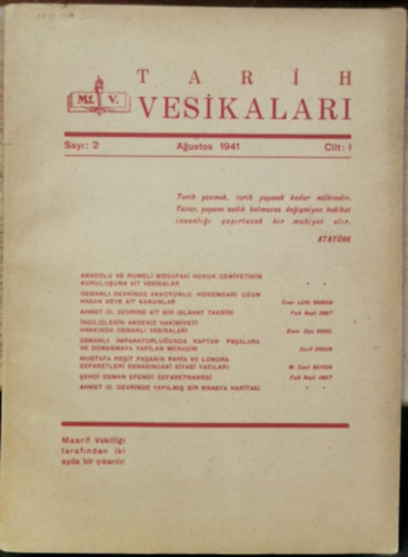Tarih Vesikalari s.2. Agustos 1941. Cilt:I.