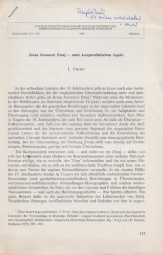 István Fried - Jovan Jovanovic Zmaj - unter komparatistischem Aspekt (Dedikált)