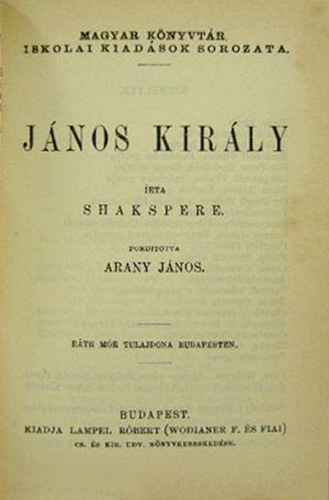 Shakspere - János király (Magyar Könyvtár)