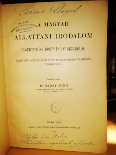 A magyar llattani irodalom ismertetse 1881-tl 1890-ig bezrlag