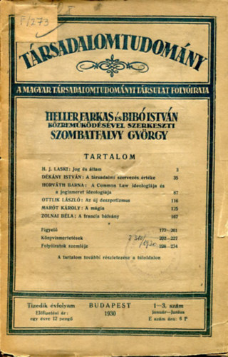 Szombatfalvy Gyrgy  (Szerk.) - Trsadalomtudomny - 1930. Tizedik vfolyam 1-4. szm (janur-augusztus)
