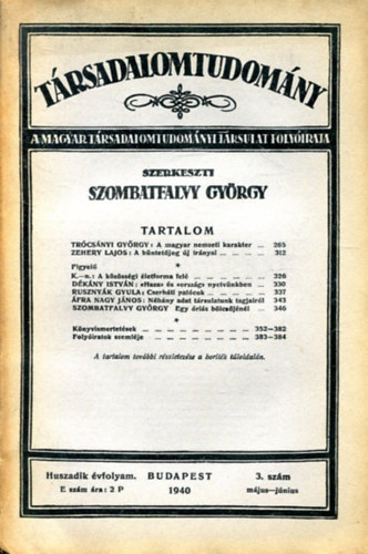 Szombatfalvy Gyrgy  (Szerk.) - Trsadalomtudomny - 1940. Huszadik vfolyam 3. szm (mjus-jnius)