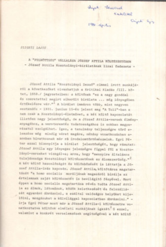 Szigeti Lajos Csuk�s Istv�n - Acta Historiae Litterarum Hungaricarum Tomus XIV. - Szeged 1976 - Vajansky m�veinek magyar vil�ga - A Feln�tts�g v�llal�sa J�zsef Attila k�lt�szet�ben - Dedik�lt
