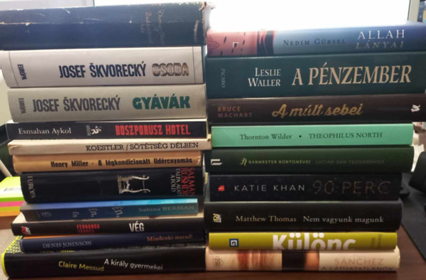 Matthew Thomas, Josef Skvorecky, Arthur Koestler, Salman Rushdie Thornton Wilder - 20 db szpirodalom - KNYVMENT AJNLAT: Allah lnyai, A pnzember, A mlt sebei, Theophilus North, A bbmester brtnvei, 90 perc, Nem vagyunk magunk, Klnc, A lthatatlanok, A Buddenbrook hz, Csoda, Gyvk, Boszporusz Hotel, S