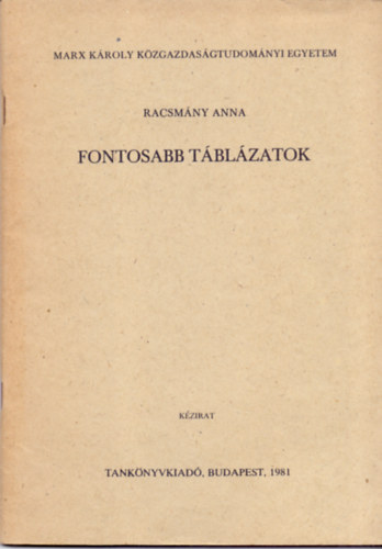 Racsmny Anna - Fontosabb tblzatok