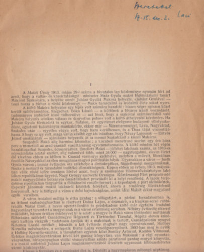 Cs�sztvay Istv�n - P�ter L�szl� - Juh�sz Gyula mak�i �vei (1913-1917) (Dedik�lt)
