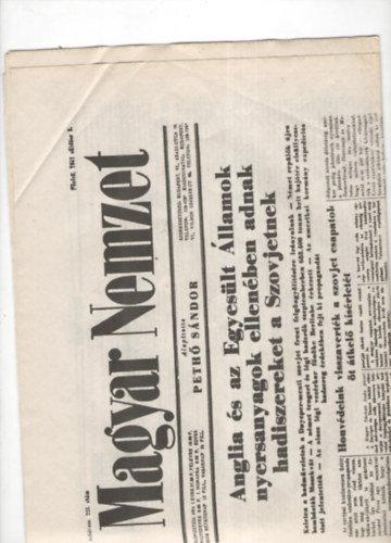 Magyar Nemzet IV. �vfolyam 225. sz�m (1941 okt�ber 3.)