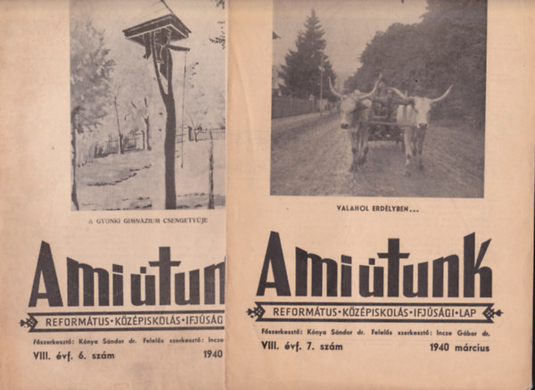 Knya Sndor  (szerk.) - A mi tunk. Reformtus Kzpiskols Ifjsgi Lap.1939.szeptember - 1943. prilis. sszesen: 39 db: 1938-1939:1,3-10.szmok + 1939-1940:1-2,4,6-10.+ 1940-1941 2-10. + 1941.-1942:1-5,8,10. + 942-1943:2,4-6,8. Szerk.:Incze Gbor