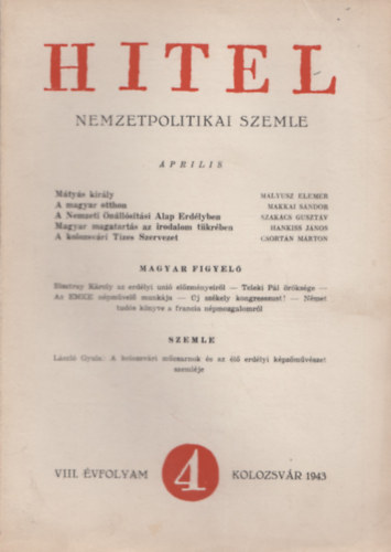 Kiss Jen  Kki Bla szerk. (szerk.) - Hitel nemzetpolitikai szemle VIII. vfolyam / 1943 prilis