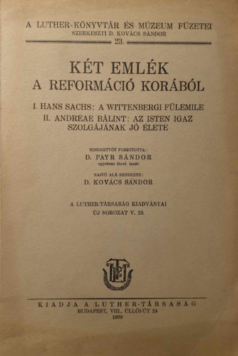 Andreae Blint Hans Sachs - Kt emlk a reformci korbl