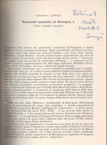 V. Kov�cs S�ndor - Manoscritti umanistici ad Esztergom I. - K�l�nlenyomat - Dedik�lt