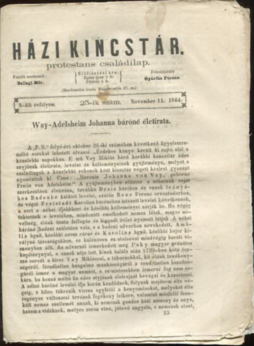 Gyárfás Ferenc Ballagi Mór (szerk.) - Házi kincstár. Protestáns családi lap. 5-dik évfolyam. 25-ik szám. November 11. 1864.