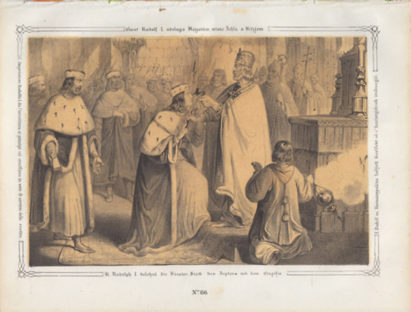 I. Rudolf kormánypálcza helyett feszületet ad a herczegnek örökségül - eredeti litográfia (metszet)