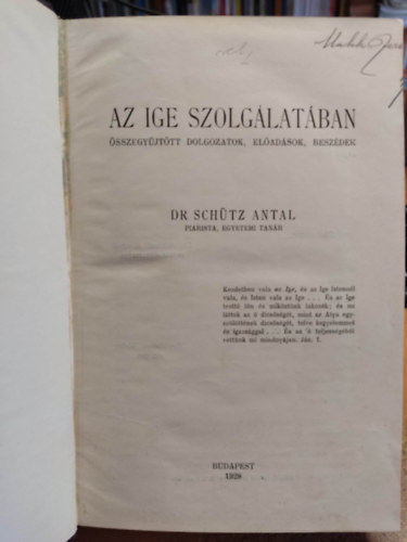 Schtz Antal - Az ige szolglatban