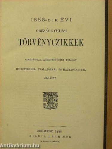 Az 1886-ik �vi Orsz�ggy�l�si T�rv�nyczikkek