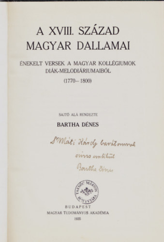 Bartha Dnes - A XVIII. szzad magyar dallamai