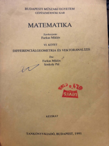 Farkas Mikl�s  (szerk.) - Matematikap�ldat�r VI. k�tet - Differenci�lgeometria �s vektoranal�zis k�zirat