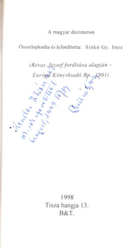 Sink Gy. Imre - A magyar decimeron (Boccaccio Dekameronjnak morzsi) DEDIKLT