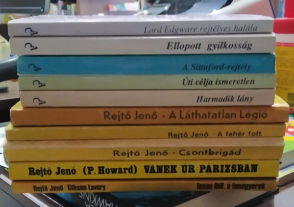 P. Howard  Agatha Christie (Rejt Jen) - 10 db-os KNYVMENT AJNLAT, krimi, kaland: Harmadik lny +ti clja ismeretlen+ A Sittaford-rejtly+ Ellopott gyilkossg+ Lord Edgware rejtlyes halla+ Texas Bill, a fenegyerek+ Vanek r Prizsban+ Csontbrigd+ A fehr folt+ A Lthat