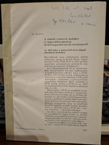 Dr. Ács Ernő - A címkód rendszerű multiplex és kapcsolóberendezések átviteli kapacitást növelő lehetőségeiről - különlenyomat