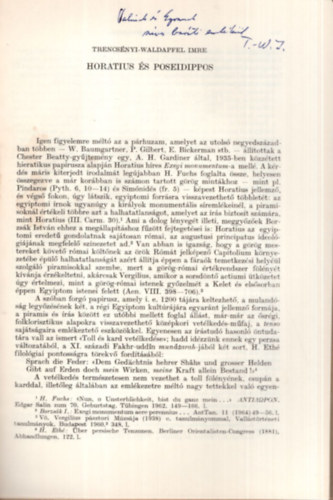 Trencsényi-Waldapfel Imre - Horatius és Poseidippos - Különlenyomat - Dedikált