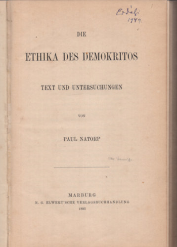 Paul Natorp - Die Ethika des Demokritos