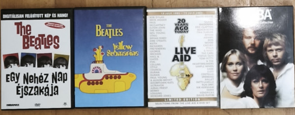 4db DVD zenerajong�knak: The Beatles-Yellow Submarine, Egy neh�z nap �jszak�ja, 20 Years Ago Today-Live Aid (13 July 1985-13 July 2005), ABBA-The Definitive Collection
