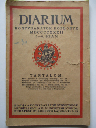 Czak Elemr  (szerk.) - Diarium - Knyvbartok kzlnye - 1932. 5-6. szm