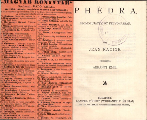 Jean Racine - Ph�dra- Szomor�j�t�k �t felvon�sban