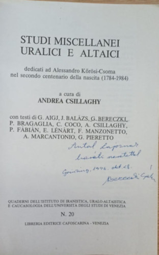 Andrea Csillaghy - Studi miscellanei uralici e altaici (Uráli és altaji tanulmányok) (dedikált)