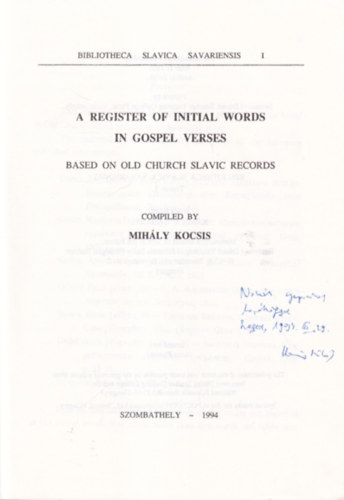 Mihály Kocsis - A register of initial words in gospel verses - dedikált