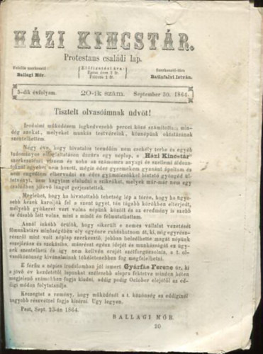Batizfalvi István Ballagi Mór (szerk.) - Házi kincstár. Protestáns családi lap. 5-dik évfolyam. 20-ik szám. September 30. 1864.