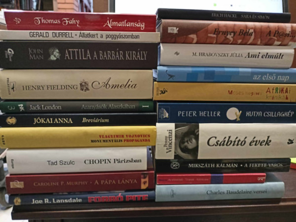 Mikszáth Kálmán, M. Hrabovszky Júlia, Gerald Durrell, Henry Fielding, Jókai Anna, Thomas Fahy, Jack London, Vlagyimir Vojnovics, Tad Szulc, Caroline P. Murphy, Joe R. Lansdale Charles Baudleaire - Szépirodalom, KÖNYVMENTŐ AJÁNLAT 20 db. Sara és Simón +A Pasi +Ami elmúlt+ Az első nap+ Afrikai krónikák+ Kutya csillagkép+ Csábító évek+ A fekete város+ Az élősködő+ Charles Baudelaire versei+ Álmatlanság+ Állatkert a poggyás