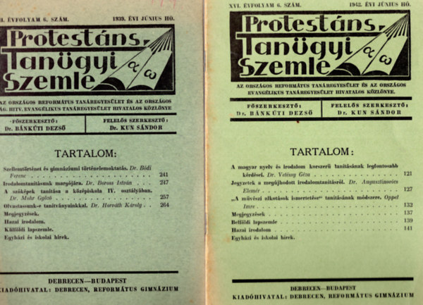 Dr. Kun Sndor - Protestns Tangyi  Szemle 1939 jnius, 1942 jnius, 1938 jnius, 1938 mrcius havi szmok ( 4 db )