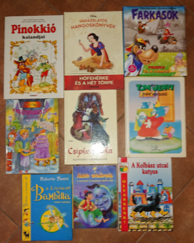 Roberto Piumini, Jacob �s Wilhelm Grimm, H. C. Andersen, Carlo Collodi - 9 klasszikus, sz�nes gyerekk�nyv: Tom �s Jerry mint var�zsl�, H�feh�rke �s a h�t t�rpe, Pinokki�, A kis gyufa�rus l�ny, Csipker�zsika, Kolb�sz utcai kuyus, Piroska �s a farkas, Bambilla, Aladdin csodal�mp�ja