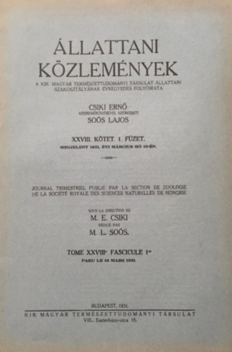 Soós Lajos Csiki Ernő (szerk.) - Állattani közlemények XXVIII. kötet 1. füzet