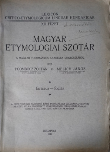 Gombocz Zolt�n-Melich J�nos - Magyar etymologiai sz�t�r XII. f�zet
